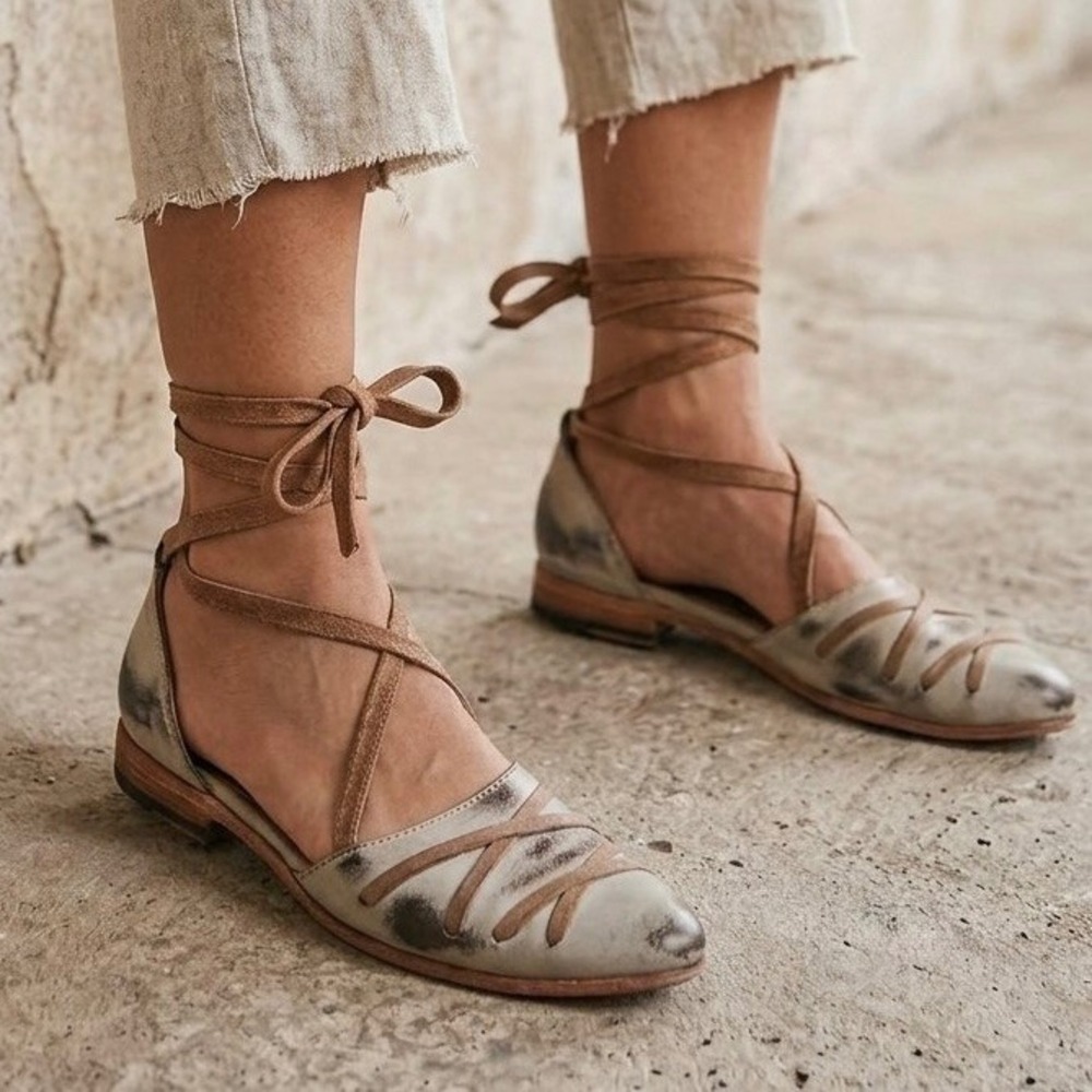 Freebird by Steven Eryn Grey Tan Leather Lace Up Wrap Pointed Toe Flats Mens 6